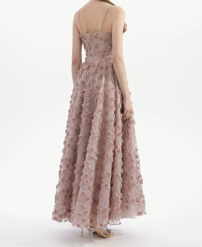 Alluring Spaghetti Straps Prom Dress Pink Floral A-Line Evening Dress C9129