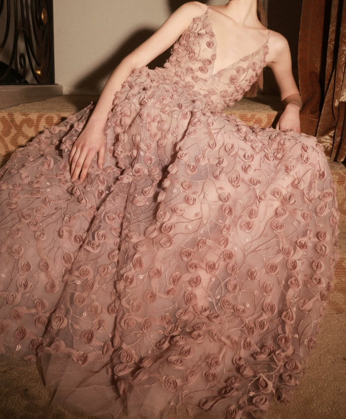 Alluring Spaghetti Straps Prom Dress Pink Floral A-Line Evening Dress C9129