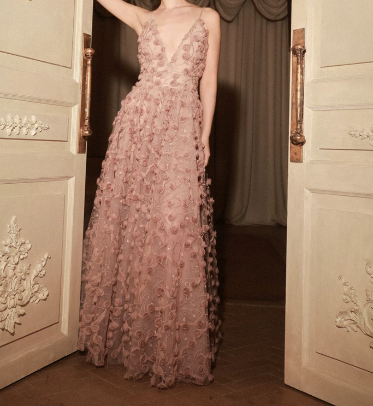 Alluring Spaghetti Straps Prom Dress Pink Floral A-Line Evening Dress C9129