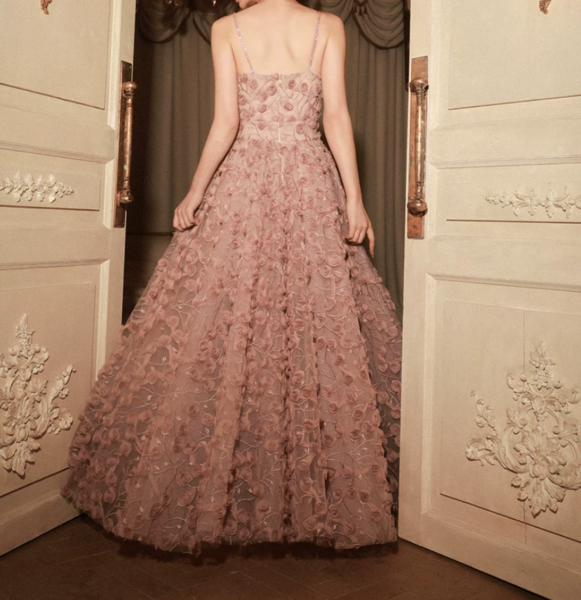 Alluring Spaghetti Straps Prom Dress Pink Floral A-Line Evening Dress C9129