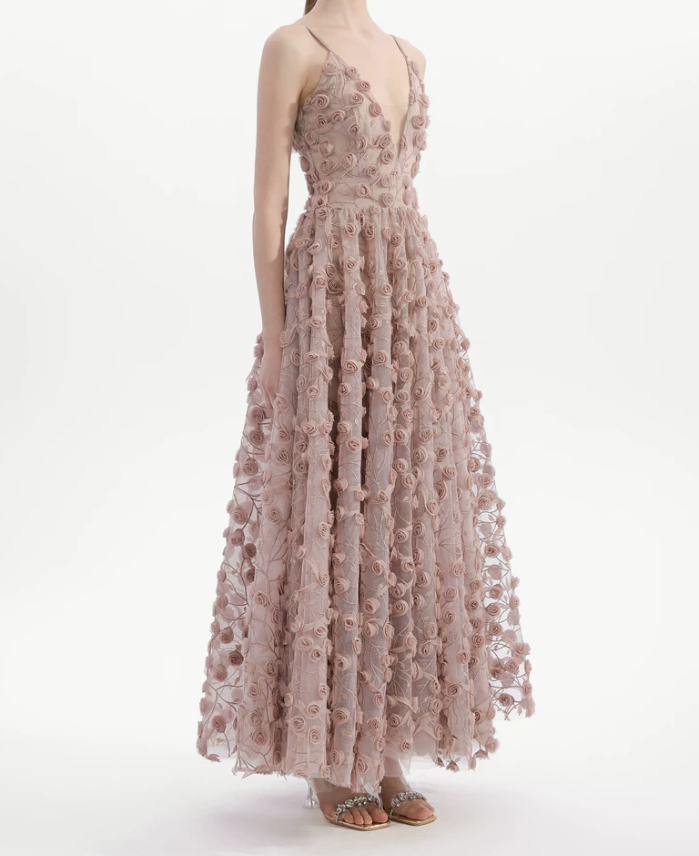 Alluring Spaghetti Straps Prom Dress Pink Floral A-Line Evening Dress C9129