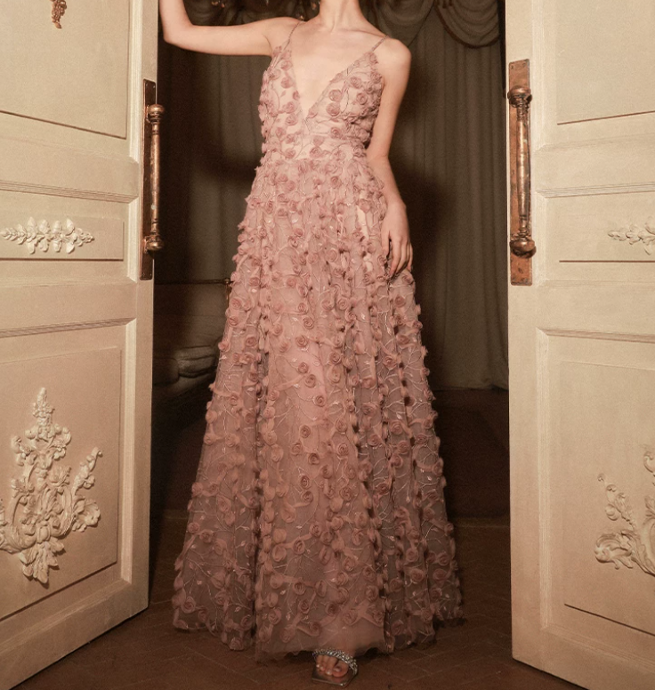 Alluring Spaghetti Straps Prom Dress Pink Floral A-Line Evening Dress C9129