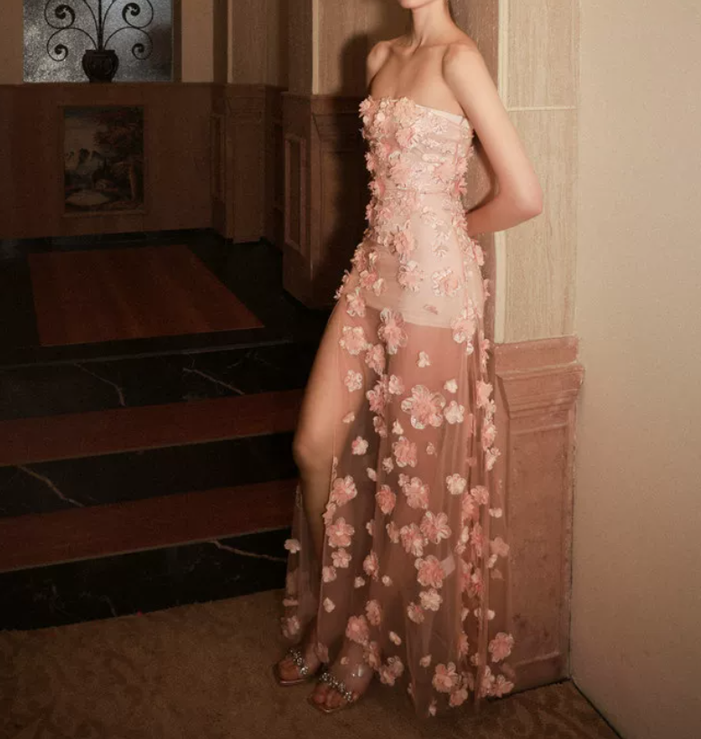Charming Strapless Pink Prom Dress Floral Slit Mermaid Evening Dress C9130