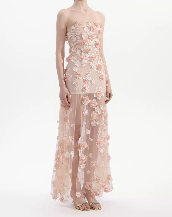 Charming Strapless Pink Prom Dress Floral Slit Mermaid Evening Dress C9130