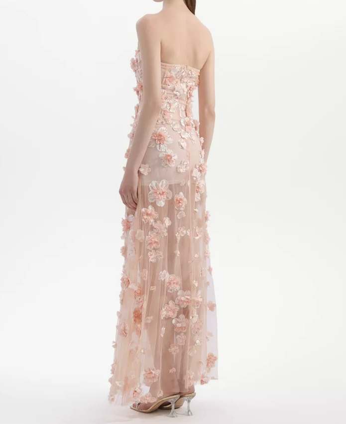 Charming Strapless Pink Prom Dress Floral Slit Mermaid Evening Dress C9130