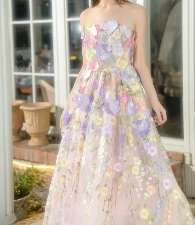 Romantic Strapless Prom Dress Floral A-Line Evening Dress C9140