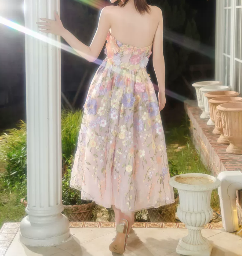 Romantic Strapless Prom Dress Floral A-Line Evening Dress C9140