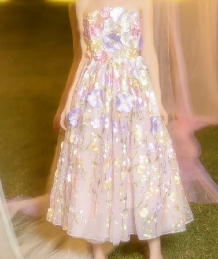Romantic Strapless Prom Dress Floral A-Line Evening Dress C9140