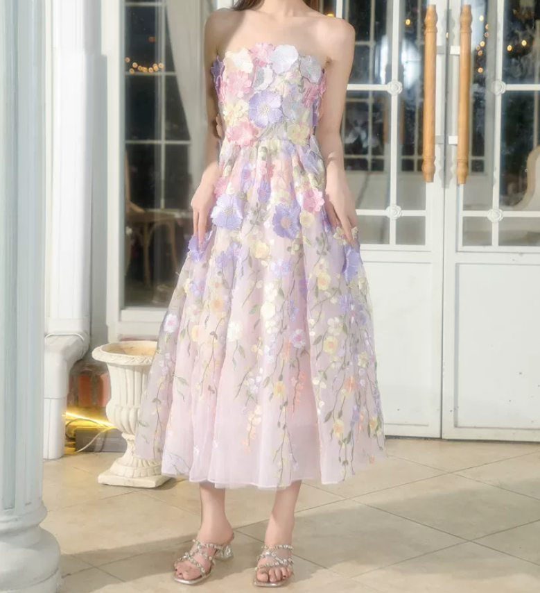Romantic Strapless Prom Dress Floral A-Line Evening Dress C9140