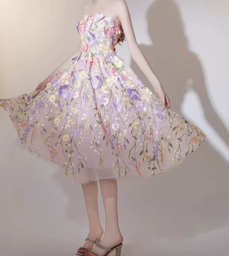 Romantic Strapless Prom Dress Floral A-Line Evening Dress C9140