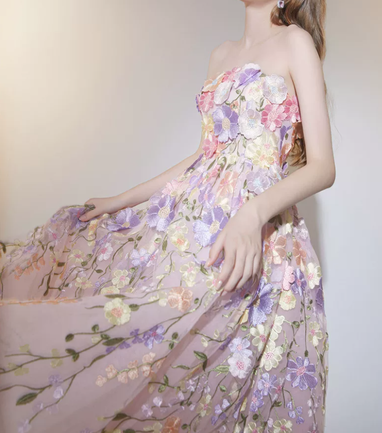Romantic Strapless Prom Dress Floral A-Line Evening Dress C9140