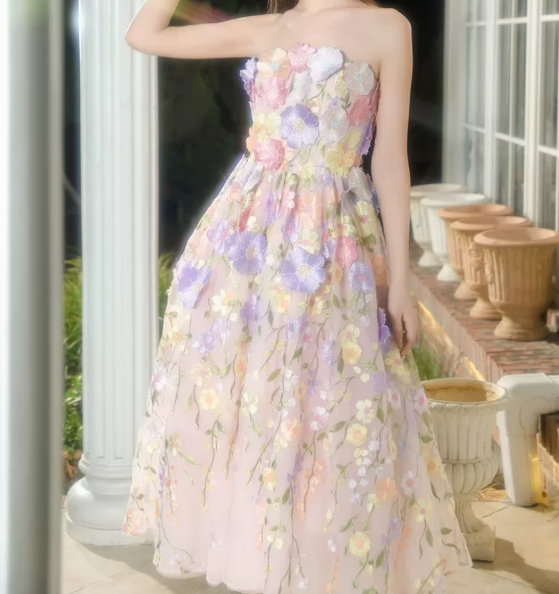 Romantic Strapless Prom Dress Floral A-Line Evening Dress C9140