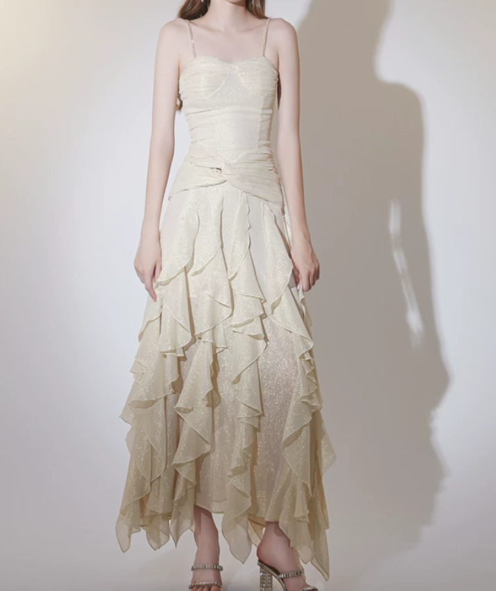 Robe de bal de princesse bustier à volants en satin long, robe de soirée C8117