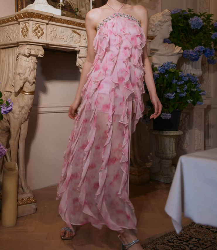 Robe de bal de princesse bustier à volants en satin long, robe de soirée C8117