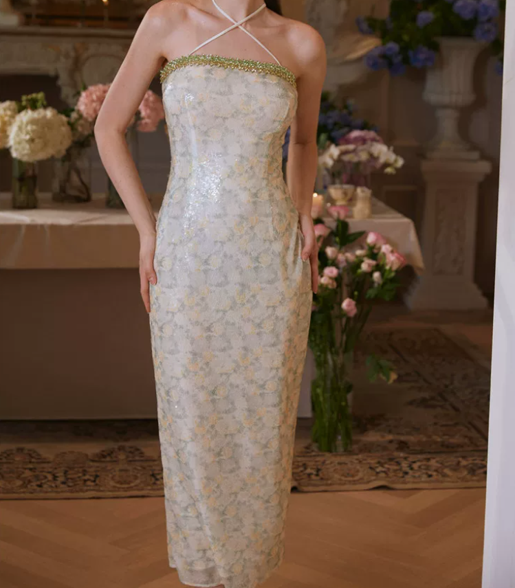 Fascinating Halter Neck Green Prom Dress Sequins Beading Sheath Evening Dress C9146