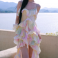 Vibrant Spaghetti Straps Beaded Prom Dress Ruffles Sheath Slit Evening Dress C9152
