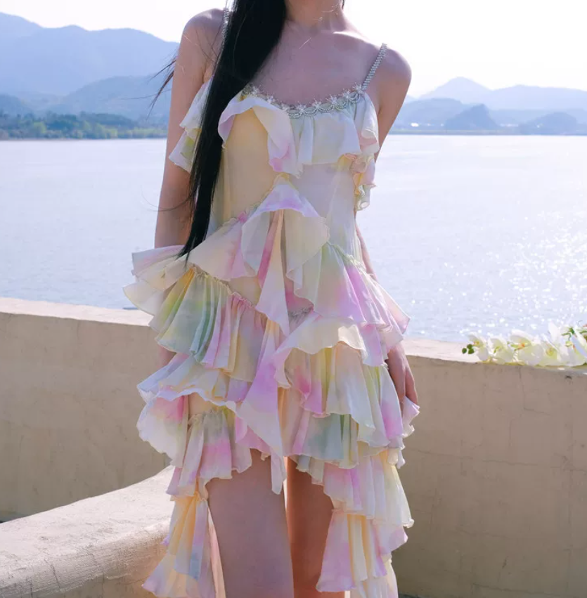 Vibrant Spaghetti Straps Beaded Prom Dress Ruffles Sheath Slit Evening Dress C9152