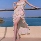 Vibrant Spaghetti Straps Beaded Prom Dress Ruffles Sheath Slit Evening Dress C9152