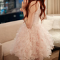 Mini robe de soirée en satin, sans bretelles, sans manches, ligne a, simple, C899