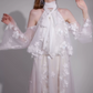 Glam Halter Neck White Prom Dress Long Sleeve Appliques A-Line Evening Dress C9158