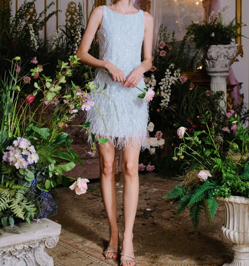 Playful Jewel Neck Blue Homecoming Dress Sequins Feather Sheath Party Dress C9159