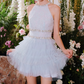 Trendy Halter Neck Blue Homecoming Dress Beading Tiered A-Line Party Dress C9160