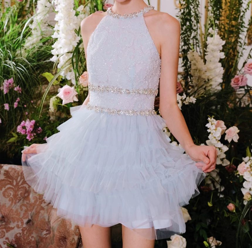 Trendy Halter Neck Blue Homecoming Dress Beading Tiered A-Line Party Dress C9160