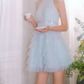 Trendy Halter Neck Blue Homecoming Dress Beading Tiered A-Line Party Dress C9160