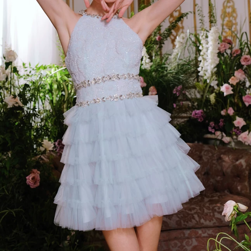 Trendy Halter Neck Blue Homecoming Dress Beading Tiered A-Line Party Dress C9160