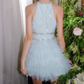 Trendy Halter Neck Blue Homecoming Dress Beading Tiered A-Line Party Dress C9160