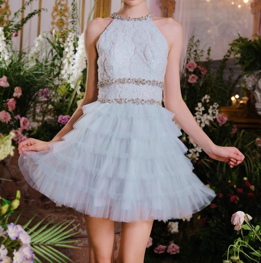 Trendy Halter Neck Blue Homecoming Dress Beading Tiered A-Line Party Dress C9160