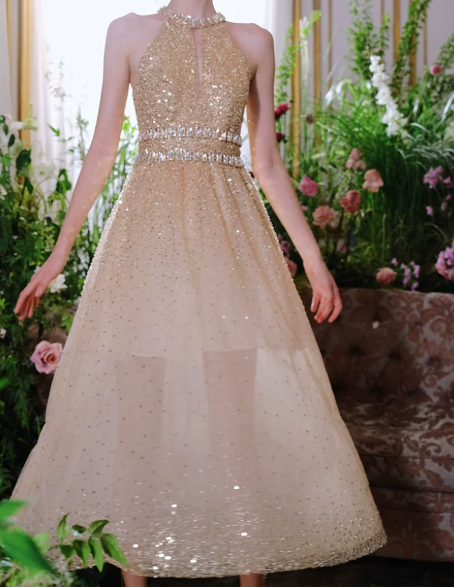 Glittering Halter Neck Gold Prom Dress Sequins Crystals A-Line Evening Dress C9161