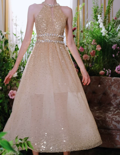 Glittering Halter Neck Gold Prom Dress Sequins Crystals A-Line Evening Dress C9161