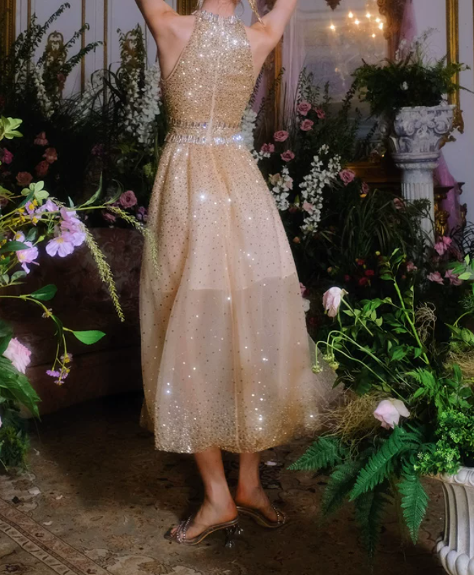Glittering Halter Neck Gold Prom Dress Sequins Crystals A-Line Evening Dress C9161
