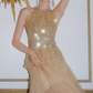 Glittering Halter Neck Gold Prom Dress Sequins Crystals A-Line Evening Dress C9161