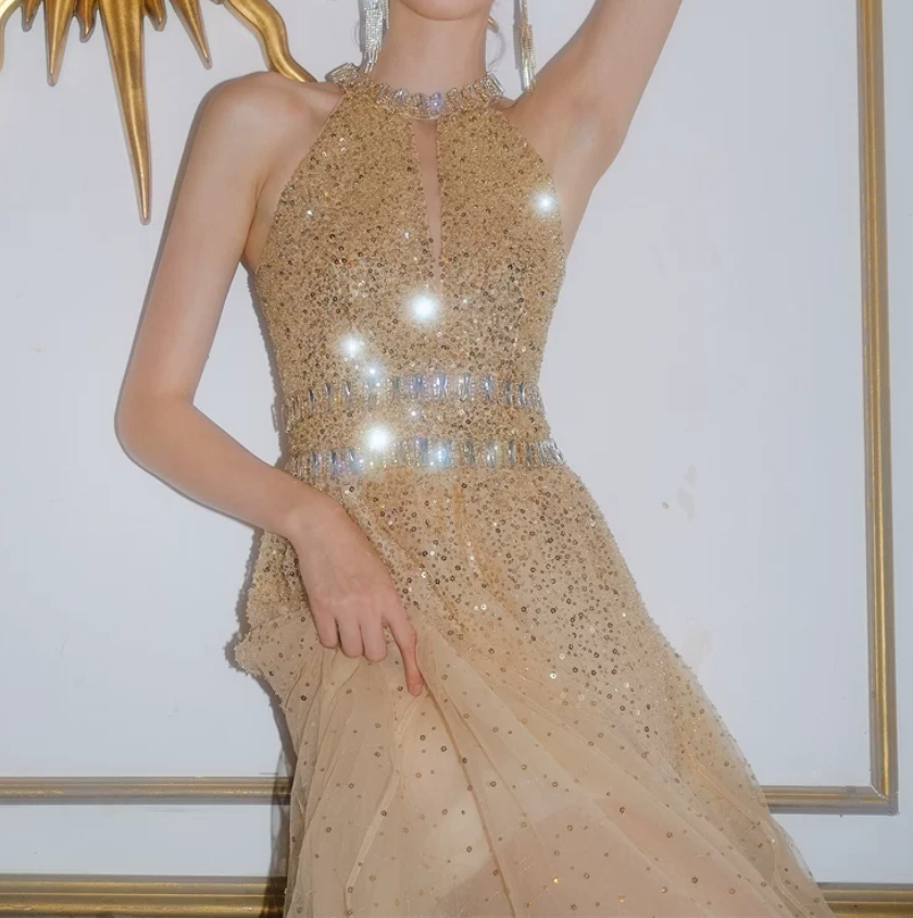 Glittering Halter Neck Gold Prom Dress Sequins Crystals A-Line Evening Dress C9161