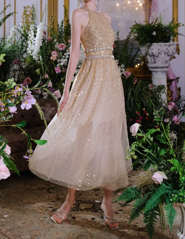 Glittering Halter Neck Gold Prom Dress Sequins Crystals A-Line Evening Dress C9161