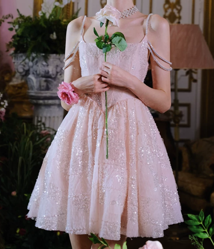 Sweet Spaghetti Straps Pink Homecoming Dress Sequins A-Line Party Dress C9162