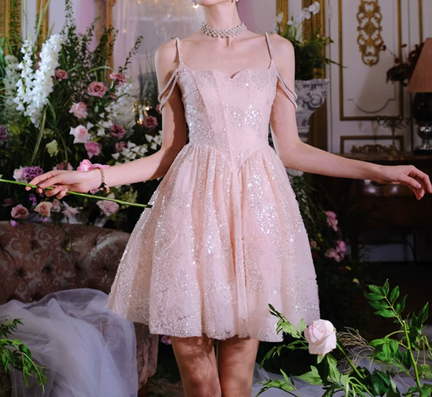 Sweet Spaghetti Straps Pink Homecoming Dress Sequins A-Line Party Dress C9162
