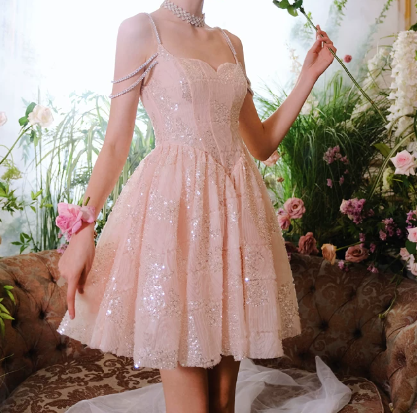 Sweet Spaghetti Straps Pink Homecoming Dress Sequins A-Line Party Dress C9162