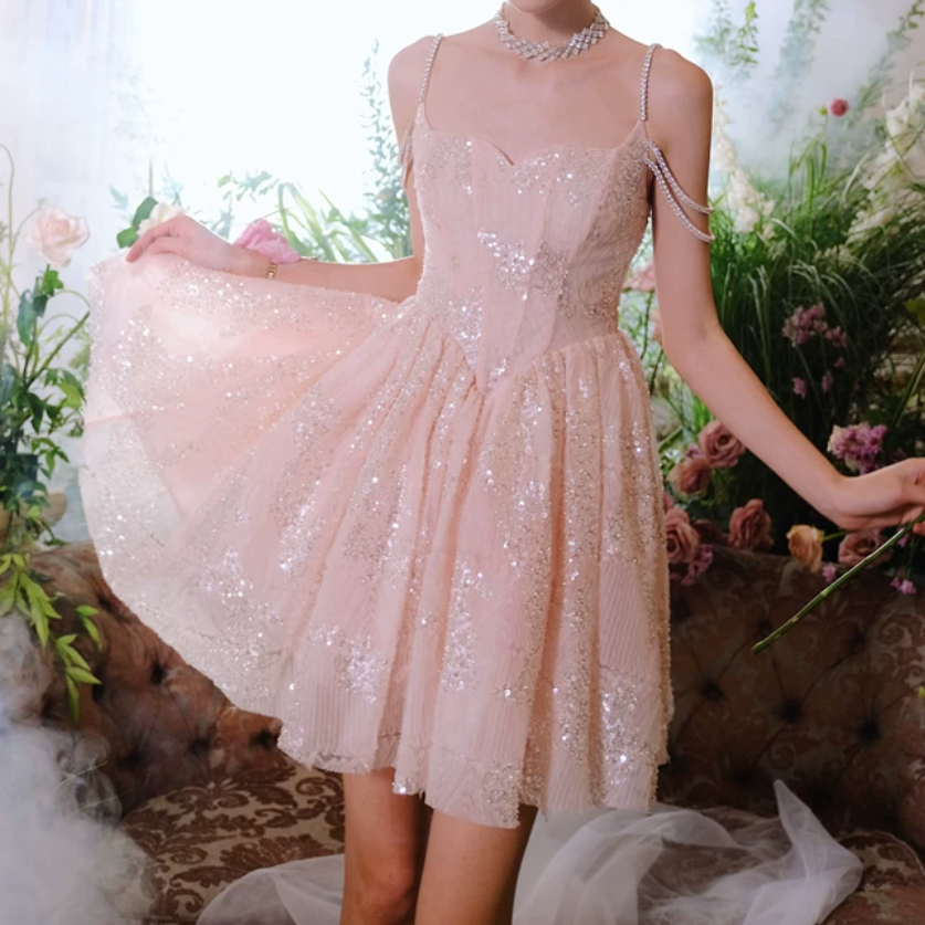 Sweet Spaghetti Straps Pink Homecoming Dress Sequins A-Line Party Dress C9162