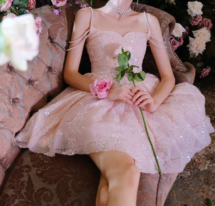 Sweet Spaghetti Straps Pink Homecoming Dress Sequins A-Line Party Dress C9162