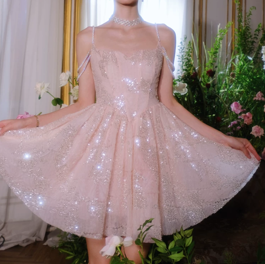 Sweet Spaghetti Straps Pink Homecoming Dress Sequins A-Line Party Dress C9162