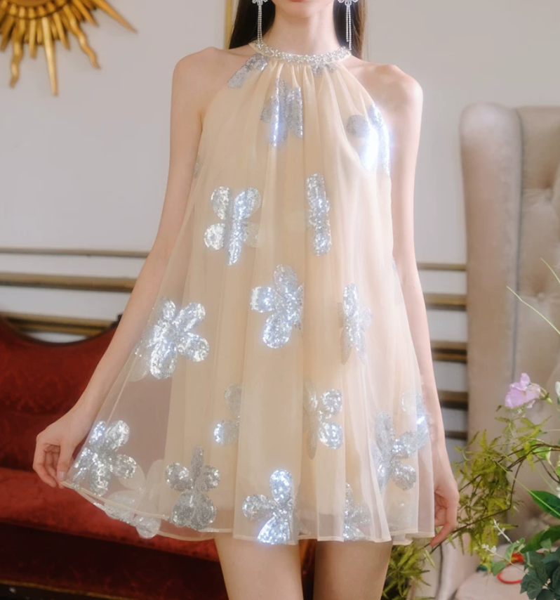 Classical Halter Neck Beige Homecoming Dress Sequins Tulle A-Line Party Dress C9163