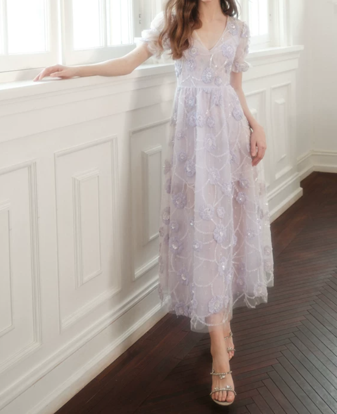 Charming V Neck Purple Prom Dress Sequins Floral A-Line Evening Dress C9164