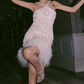 Cute Halter Neck Pink Homecoming Dress Pearls Feather Sheath Party Dress C9165