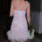 Cute Halter Neck Pink Homecoming Dress Pearls Feather Sheath Party Dress C9165