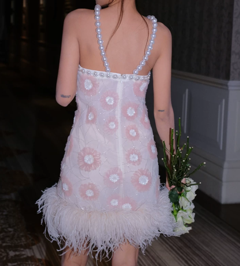 Cute Halter Neck Pink Homecoming Dress Pearls Feather Sheath Party Dress C9165