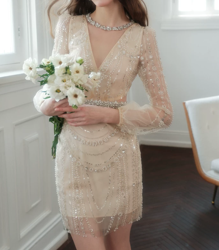 Retro V Neck Beige Homecoming Dress Long Sleeve Beaded Bodycon Party Dress C9166