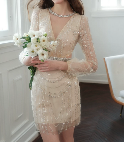 Retro V Neck Beige Homecoming Dress Long Sleeve Beaded Bodycon Party Dress C9166